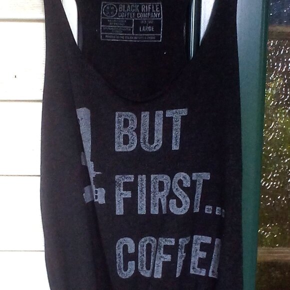 Black Rifle Coffee Tops - Black Rifle Coffee Black Market Tank Top "But First Coffee" white letters Size: